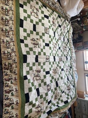 Green and White Western Patchwork Quilt with Cowboy Motif handmade